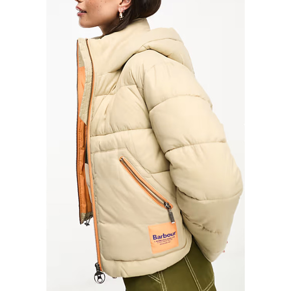 Barbour Women's  hooded puffer coat in stone Size 10 Stone/Orange NWT - Picture 4 of 6